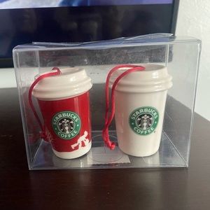 Starbucks Christmas Ornaments - Ceramic Mini Red and White Cups - Set of Two